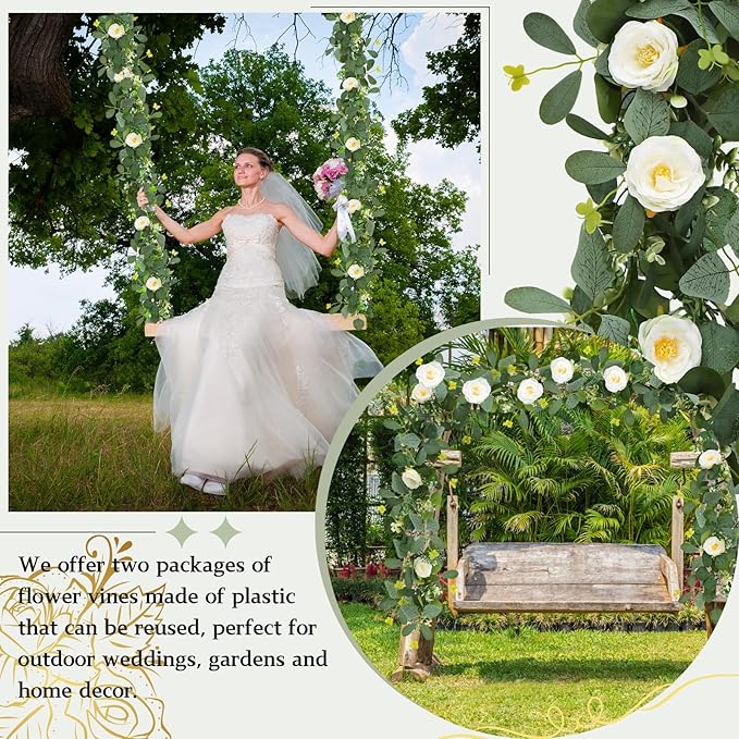 ASTRYAS 2 Pack 6.23Ft Artificial Eucalyptus Garland with Flowers, Fake Rose Garland Greenery Garlands Floral Vines for Wedding Spring Home Party Craft Art Table Runner Decor(White)