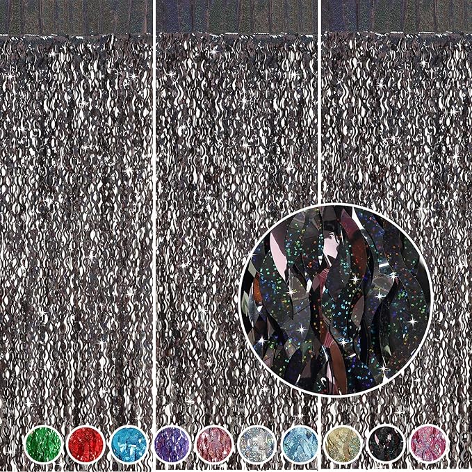 Black Foil Curtain Backdrop, CYLMFC 3 Pack 3.3 ft x 6.6 ft Sparkle Metallic Foil Curtains for Photo Booth Props Decoration,Graduation,Fiesta,Halloween Party Decor