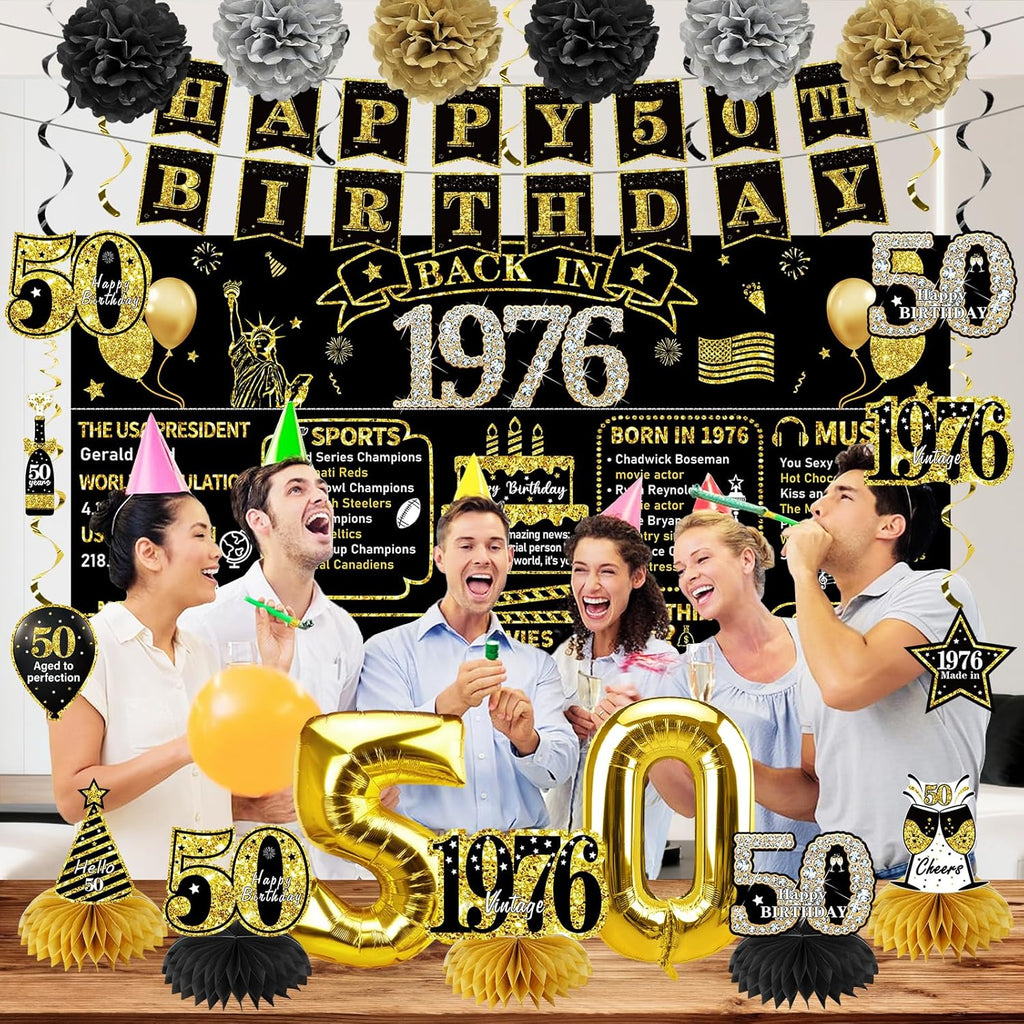 Zirtorei 50th Birthday Decorations for Men Women, 21pcs the Year 1976 Banner Balloon Party Supplies, Black Gold 50 Year Old Birthday Backdrop, 50 Bday Honeycomb Centerpiece Hanging Swirls Sash Gifts