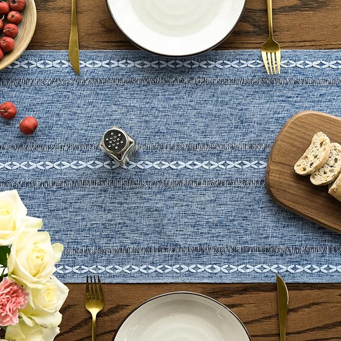 Artoid Mode Blue Rustic Cotton Linen Table Runner, Seasonal Embroidered Hollow Kitchen Dining Table Decoration for Home Party Decor 13x60 Inch