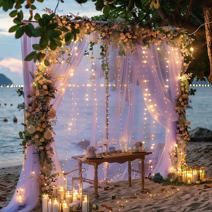 Tulle Backdrop Curtain with Lights String 10FT X 10FT Lavender Sheer Tulle Backdrop Curtains for Wedding Birthday Party Reception Photo Booth Background Decorations (2 Panels 5x10FT)