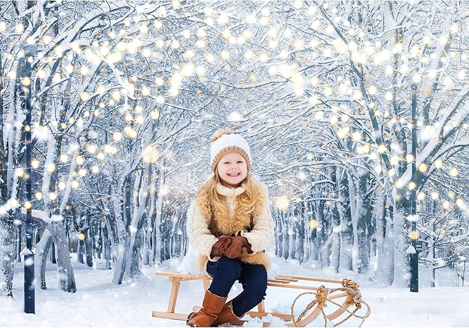 8x6FT Winter Snowy Scene Photography Backdrop Winter Wonderland Landscape Snowflake Tree Snowy Background Bokeh Glitter White Snow Forest Party Photo Booth Studio Props
