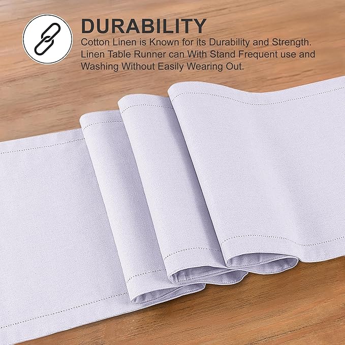 Ruvanti Linen Table Runner 108 Inches, Classic Hemstitch, Washable, Reusable, Non-Slipping, Stain Resistant- Perfect for Parties, Weddings, dinners, Thanksgiving, Christmas, Indoor use – Lavender Grey