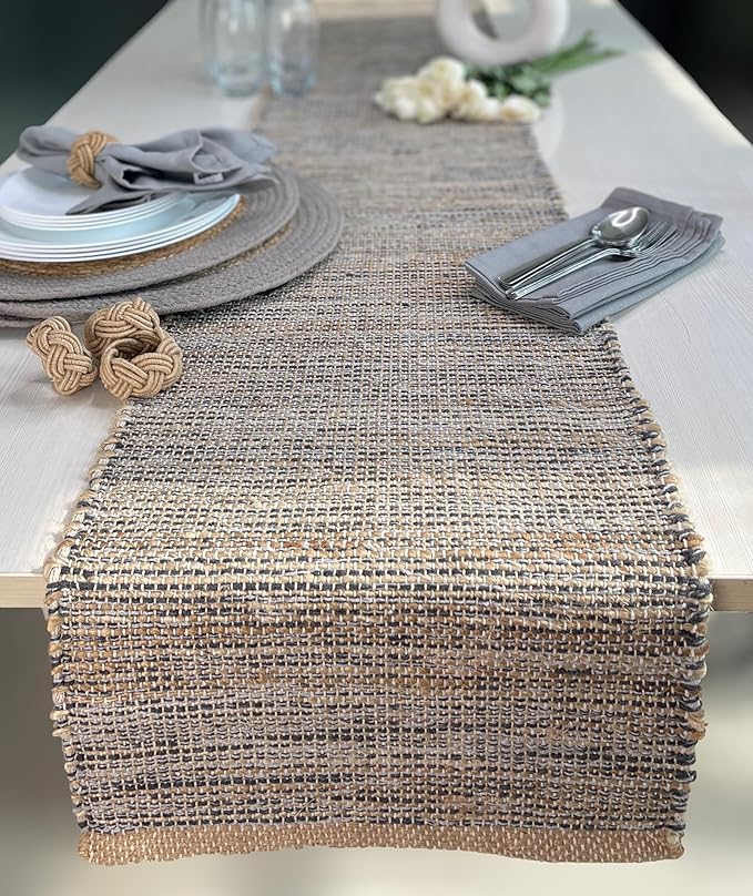 Chardin home Natural Jute Table Runner 13x90 Inch – Vintage Boho Rustic Table Decor – Handwoven Table Runner in Natural Jute and Grey – Farmhouse Dining or Console Table Accent