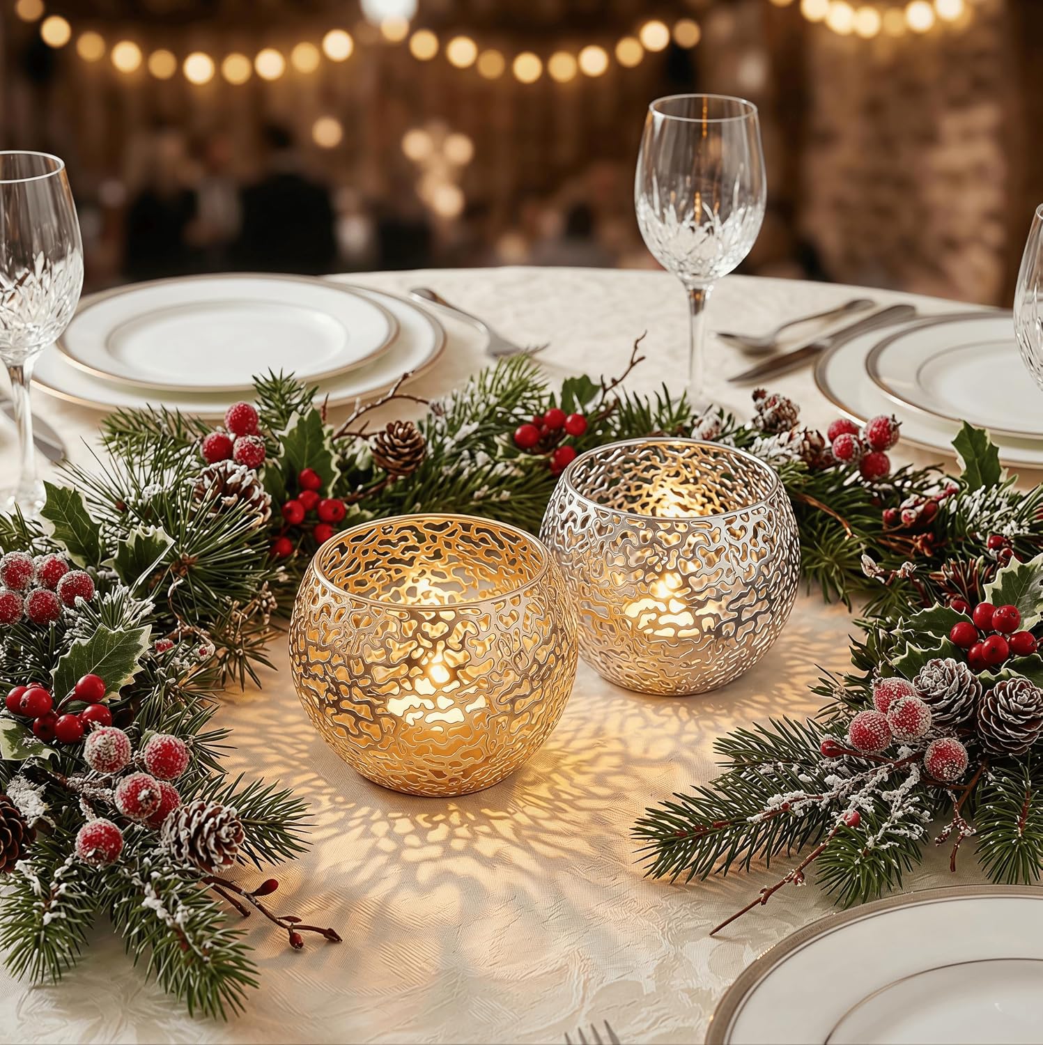 Metal Cut-Out Tealight Candle Holders Set of 2 – Geometric Lanterns for Table Centerpiece & Bathroom Spa – Shatterproof Holiday Decor, Winter Wedding (Gold/Silver)