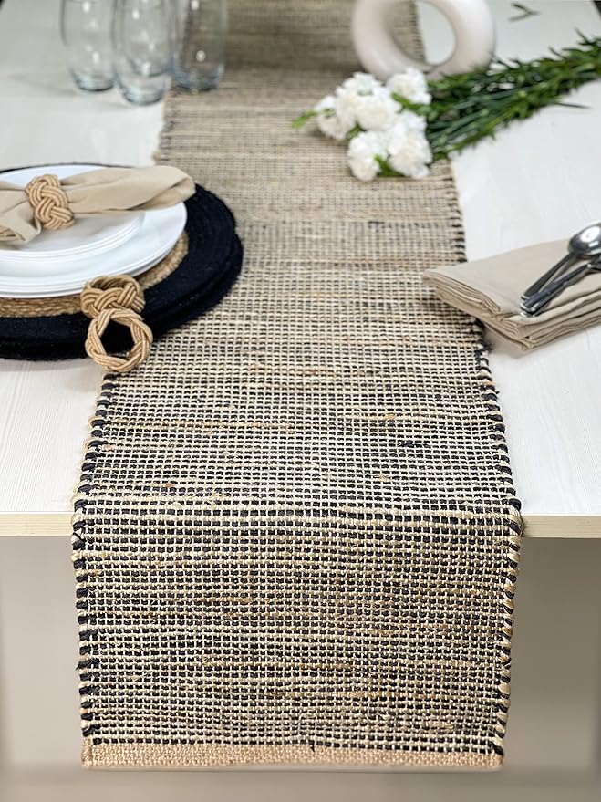 Chardin home Natural Jute Table Runner 13x108 Inch – Vintage Boho Rustic Table Decor – Handwoven Long Table Runner in Natural Jute and Black – Farmhouse Dining or Console Table Accent