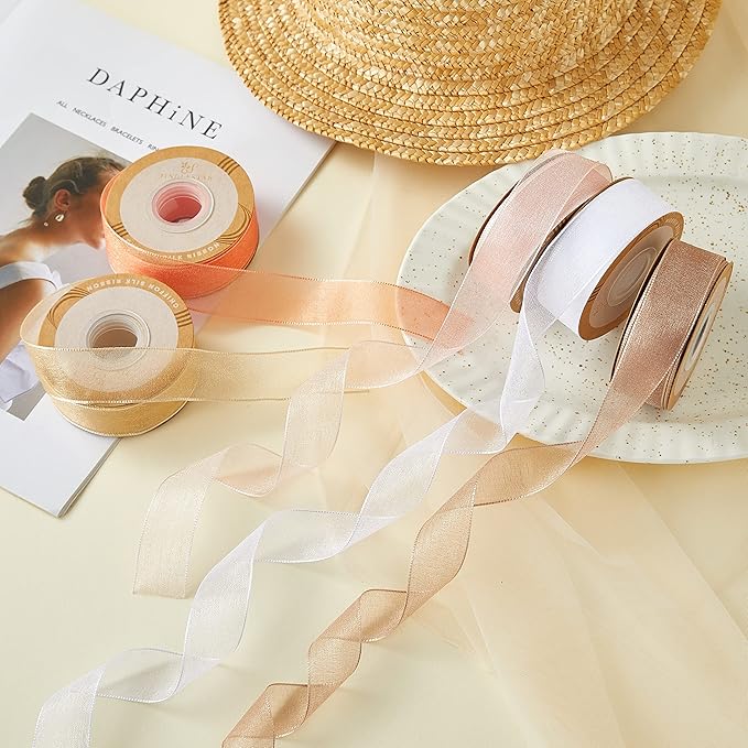 1 Inch Wide Sheer Chiffon Ribbon - Pearl Silk Woven Ribbon Suitable for Gift Wrapping, Wedding Decor, Home Decor, Girl Hair Accessories Handmade DIY (25 Yards/roll) (Champagne)