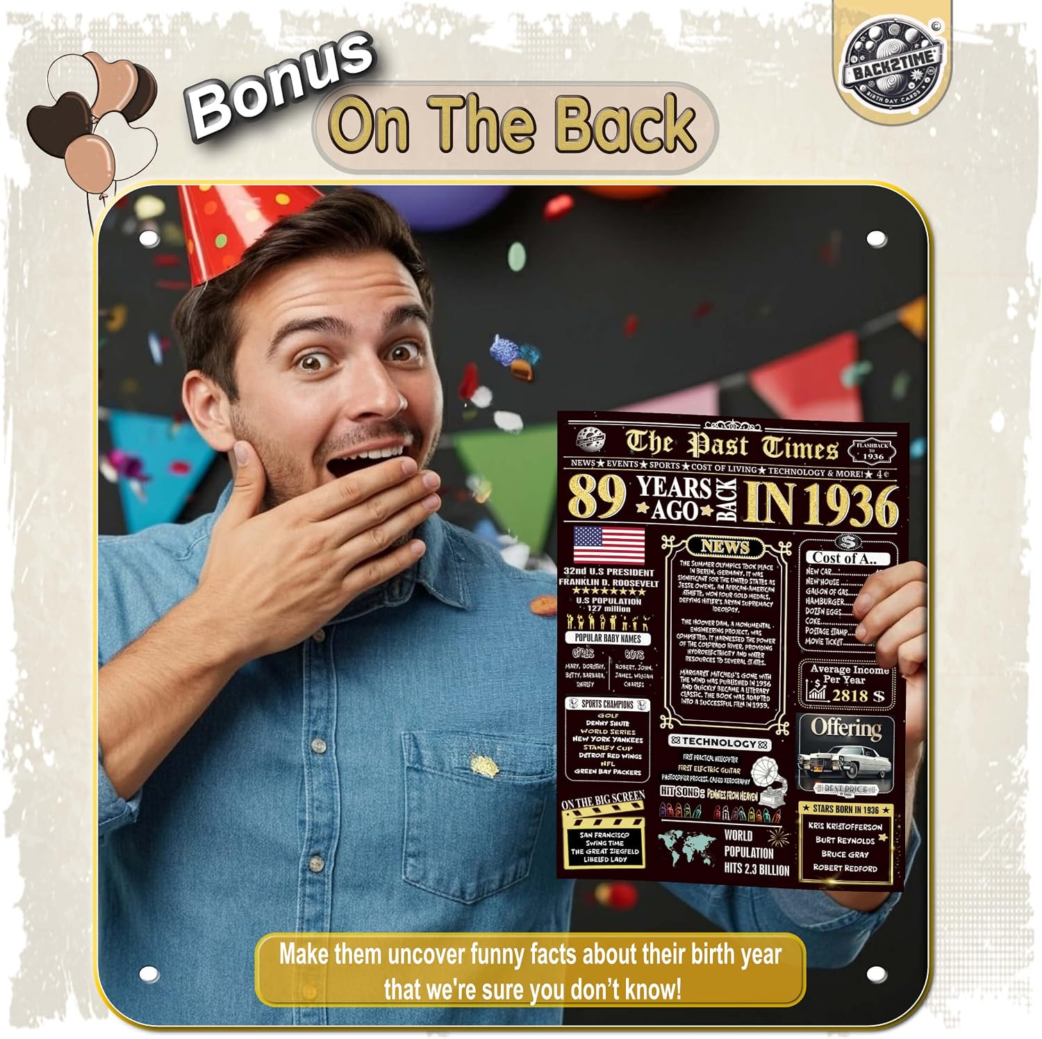 90th Birthday Card for Women Men - Back In 1936 Black & Gold - 90 Happy BIRTHDAY card - 90th birthday gift for Her Him - JUMBO size - 90th birthday decorations Dad Mom - Best gifts for 90 year old