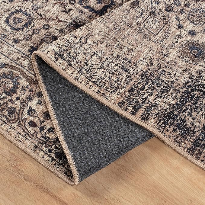 Bloom Rugs Washable Non-Slip 4' x 6' Rug - Light Tan/Blue Traditional Oriental Area Rug for Living Room, Bedroom, Dining Room, and Kitchen - Exact Size: 4' x 6'