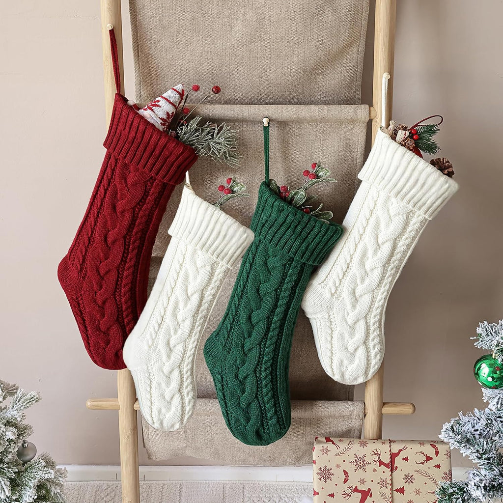 ELEGANTPARK Christmas Stockings 4 Pack Knitted Green White Red Christmas Stockings Large Xmas Decoration for Holiday Fireplace Hanging Holiday Decoration for Family Kids Xmas 18 Inch