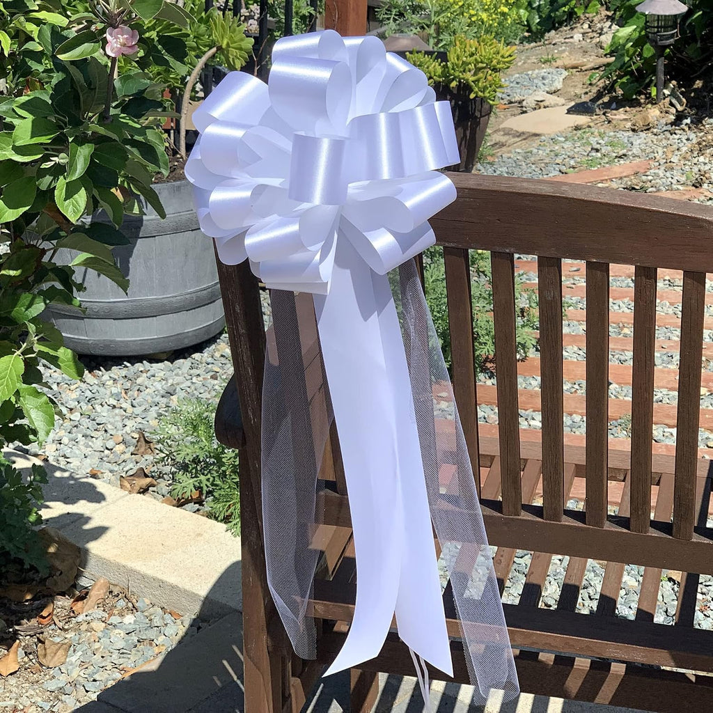 Large White Wedding Pull Bows with Long Tulle Tails - 9" Wide, Set of 6, 4th of July, America 250 Anniversary, Wedding Pew Bows, Mother's Day, Aisle Decor, Reception, Wreath, Anniversary, Graduation