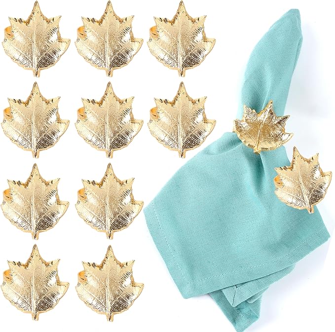 Set of 12 Gold Maple Leaf Napkin Rings - 2 Inch Lightweight Metal Napkin Holders, Elegant Table Décor for Wedding, Holiday, Thanksgiving, Christmas & Special Occasions - ALPHA Living HOME