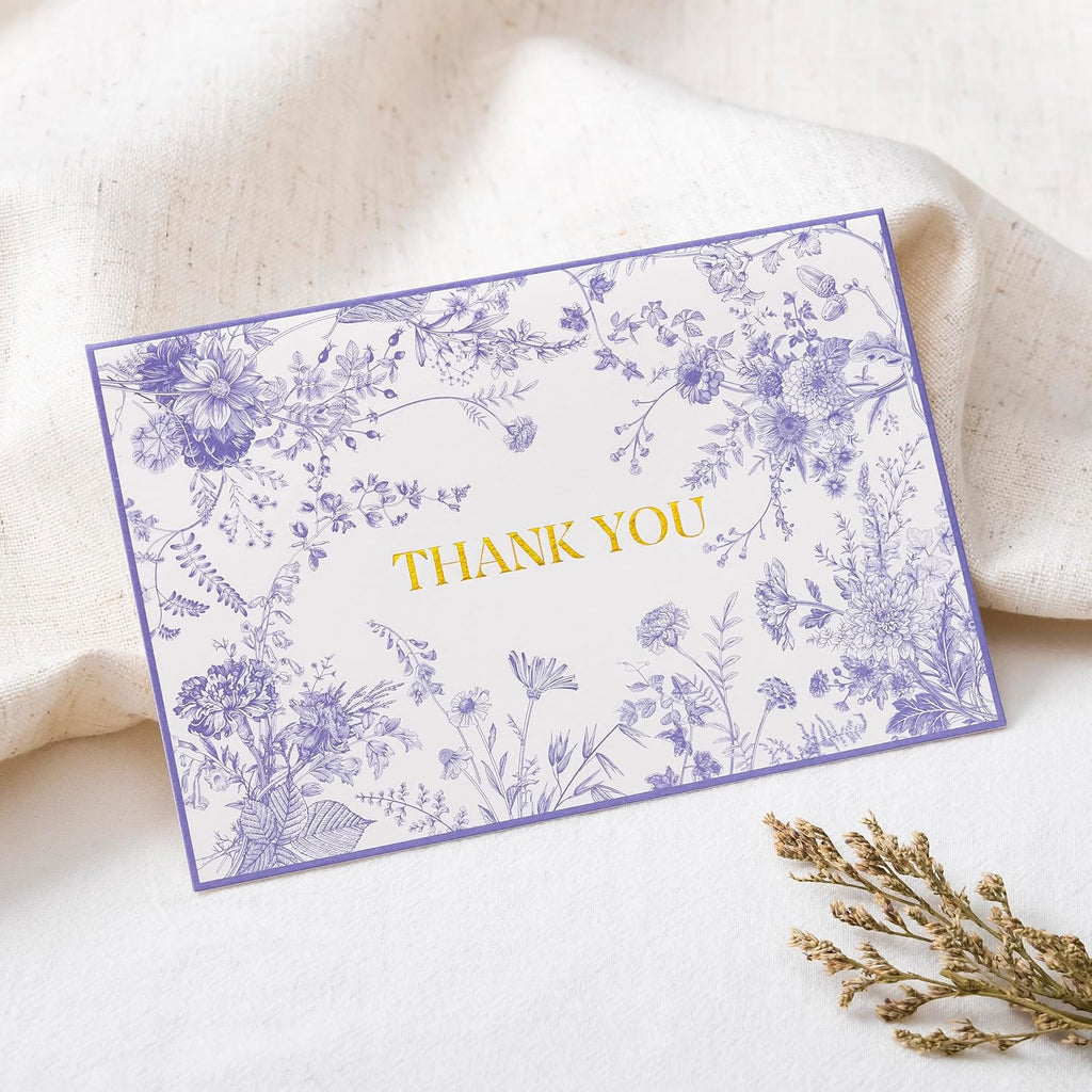 Crisky Purple Floral Thank You Cards with Envelopes, 50 Pack Lavender Wedding Thank You Notes Bulk for Bridal Shower Baby Shower Business Graduation, All Occasion