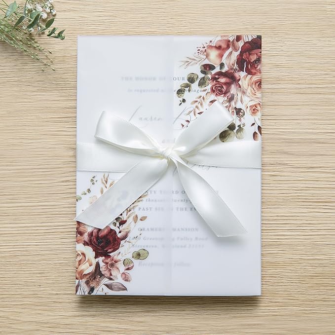 PONATIA 50PCS Vellum Jackets for 5x7 Invitation Cards- 135GSM Burnt Orange Floral Printed Vellum Sleeves, Quinceanera Wedding Invitation Cards Wraps, Transparent Christmas Gift Cards Jackets