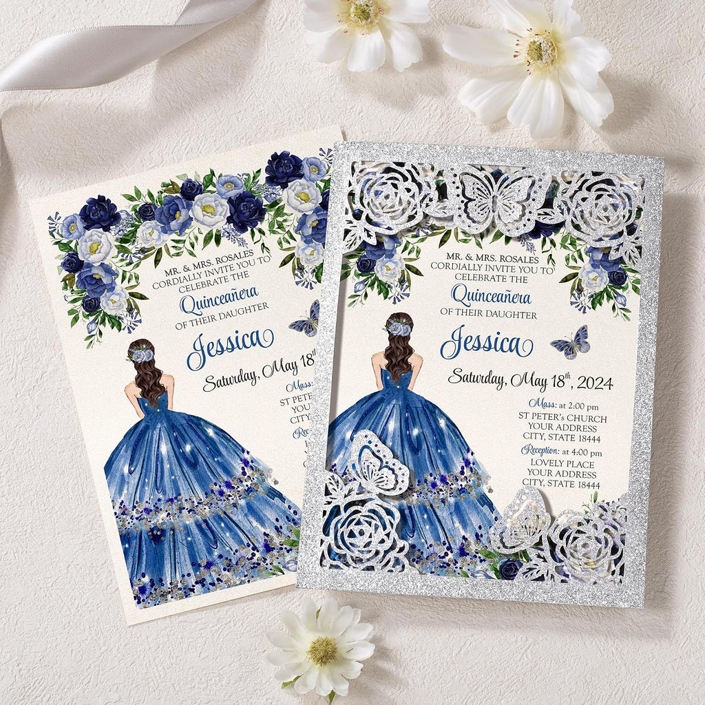 DORIS HOME 50Pcs Glitter Silver Butterfly Quinceanera Invitations, 5" x 7" | Laser Cut, For Quinceanera, Sweet 16, Miss XV, No Inserts Included