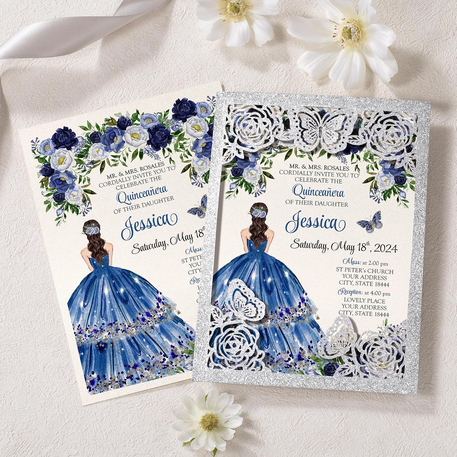 DORIS HOME 50Pcs Glitter Silver Butterfly Quinceanera Invitations, 5" x 7" | Laser Cut, For Quinceanera, Sweet 16, Miss XV, No Inserts Included