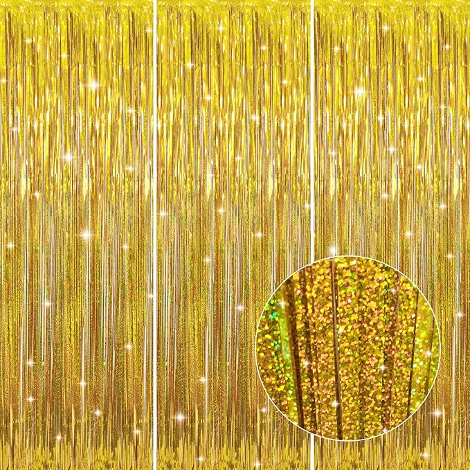 GOER 3.2 ft x 8.2 ft Metallic Tinsel Foil Fringe Curtains Party Photo Backdrop Party Streamers for Birthday,Graduation,New Year Eve Decorations Wedding Decor (3, Shiny Gold)