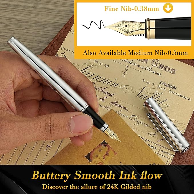 BEILUNER Silver Fountain Pen,Stunning Luxury Pens with Bright Silver Chrome, Gorgeous 24K Gilded Nib(Fine),Gift Pen Set for Men&Women -Ink Converter-Elegant, Professional, Nice Pen for Writing