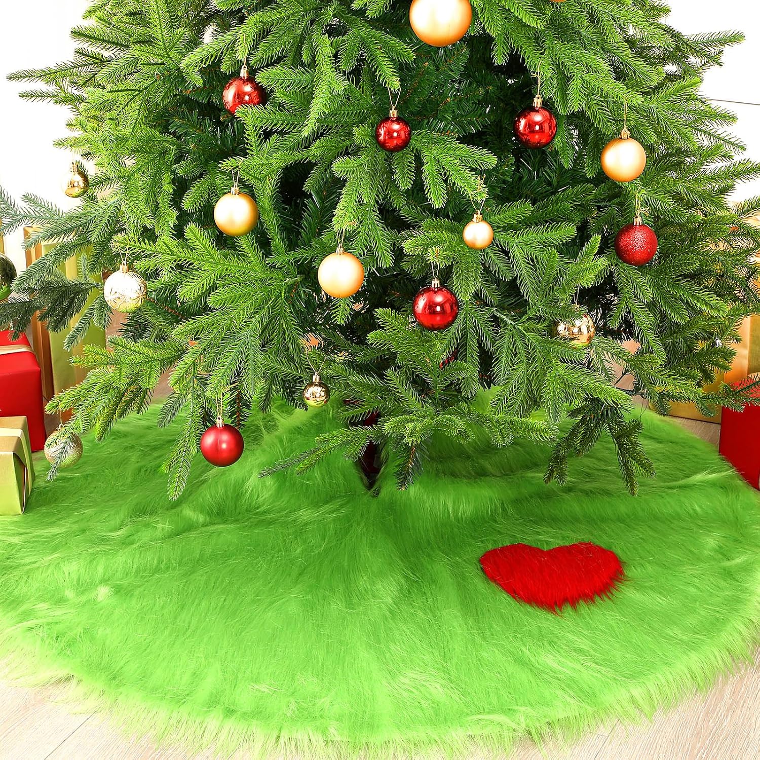 48 Inch Christmas Tree Skirt Lime Green Mat Faux Fur Large Xmas Tree Skirts Christmas Decoration Mat Round Plush Carpet for Holiday Party Decorations Ornament