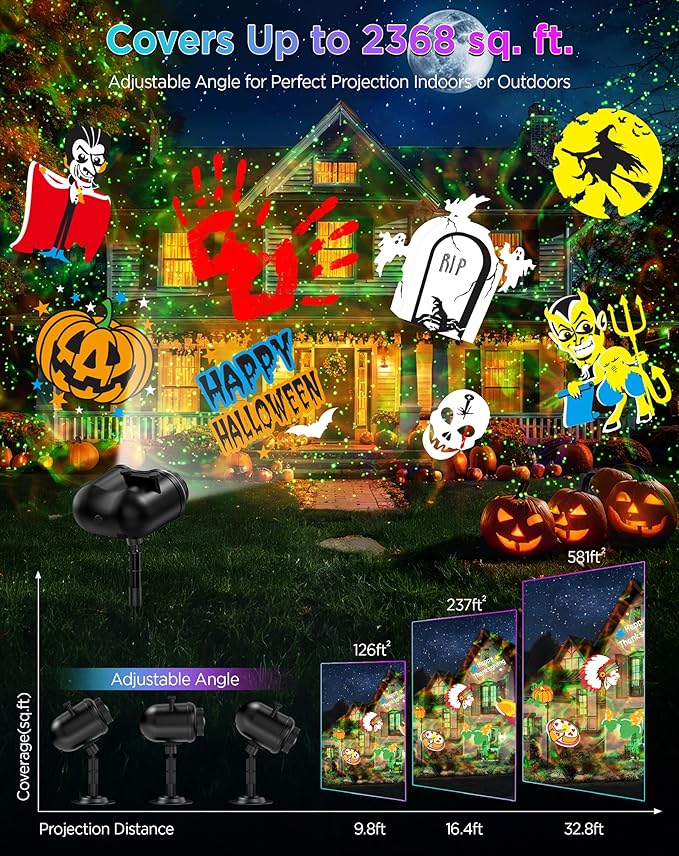 Halloween Christmas Projector Lights Outdoor, 8 Brighter HD Holiday Patterns with Firefly & Ocean Wave Effects, 20 Slides, Waterproof Snowflake Projector with Timer for House Garden Yard Xmas New Year
