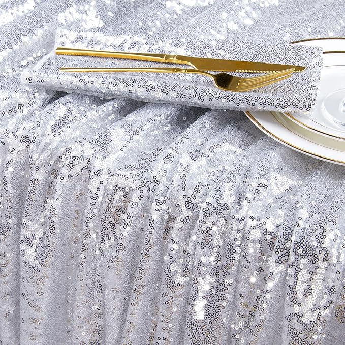 QueenDream Tablecloth 90x156 Rectangle Sequin Tablecloth Silver Wedding Table Linens Glitter Birthday Bridal Party Indoor Outdoor Decorations