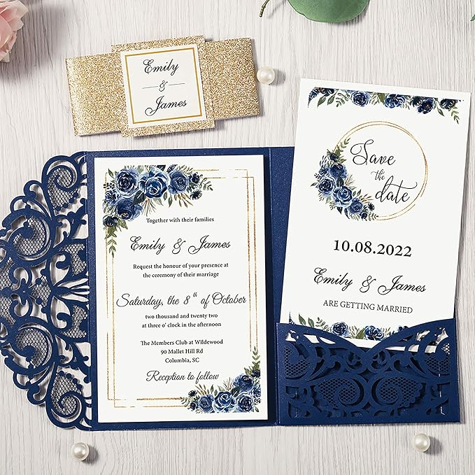 DORIS HOME 50PCS Laser Cut Wedding Invitations with Envelopes and RSVP Cards BLANK Inner With Gold Glitter Belly Band for Wedding Engagement Bridal Shower Party Invite 4.7x7 Inch Navy Blue