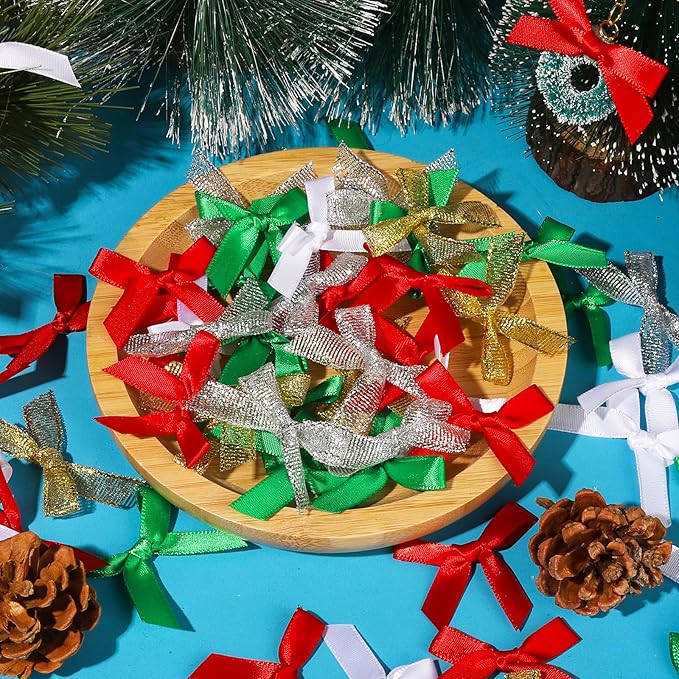 YGDZ Mini Bow Gift Wrapping Ribbons - 50 Pack, 5 Colors (Red, Green, Silver, Gold, White), Small Bow Ornaments for Crafts, Tree Decor & Gifts