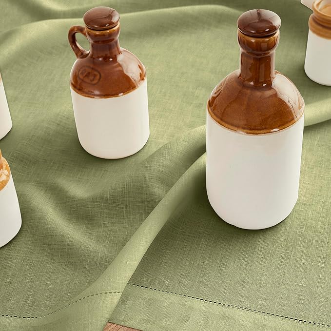 Solino Home Linen Moss Green Hemstitch Table Runner 60 Inches - 100% Pure Linen Small Table Runner 14 x 60 Inch Ideal for Dresser and Coffee Tables - Classic Hemstitch - Fall, Halloween, Thanksgiving