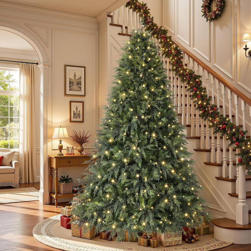 shareconn 7ft prelit artificial cypress christmas tree, dual, side view