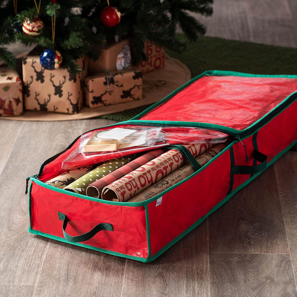 ZOBER Gift Wrapping Paper Organizer Storage - 40" Gift Wrap Storage Containers With Interior Pockets For Bows, Tags & Ribbons - Wrapping Paper Holder, Waterproof, Fits 24 Standard Rolls, Red