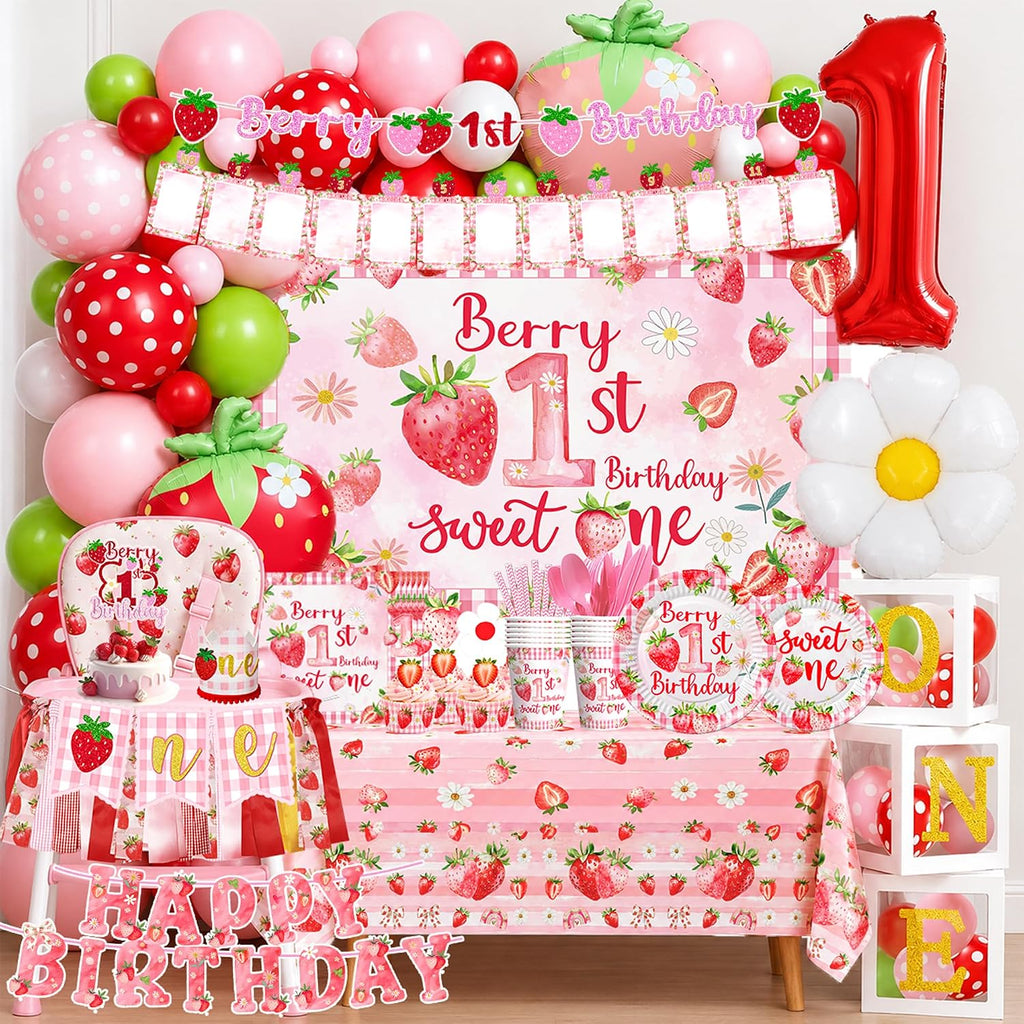 Strawberry first Birthday Decorations for Girls Berry Sweet One Strawberry 1st Birthday Decor Party Supplies include Photo Banner Highchair Banner Crown Balloon Boxes Backdrop Tableware Set