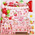 Strawberry first Birthday Decorations for Girls Berry Sweet One Strawberry 1st Birthday Decor Party Supplies include Photo Banner Highchair Banner Crown Balloon Boxes Backdrop Tableware Set