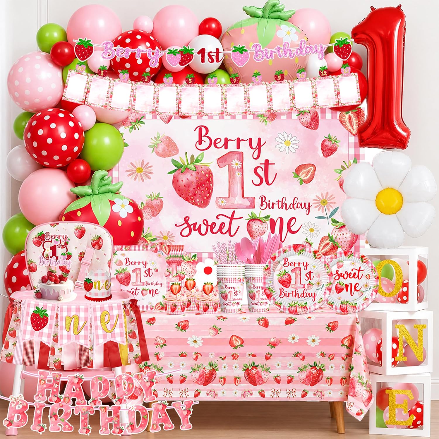 Strawberry first Birthday Decorations for Girls Berry Sweet One Strawberry 1st Birthday Decor Party Supplies include Photo Banner Highchair Banner Crown Balloon Boxes Backdrop Tableware Set