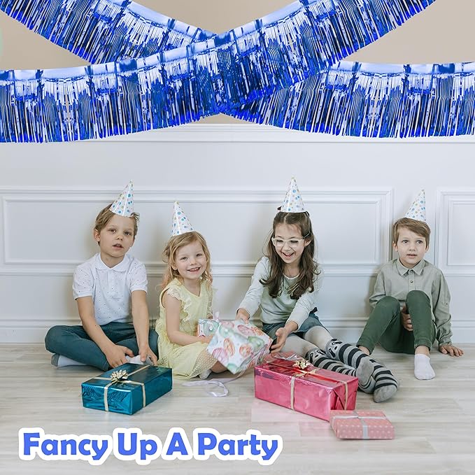 4 Pack Iridescent Float Fringe Curtains, Metallic Foil Fringe Garland Shiny Tassel Foil Parade Float Decorations for Trailer Car Graduation Homecoming Outdoor Indoor Party (Royal Blue)