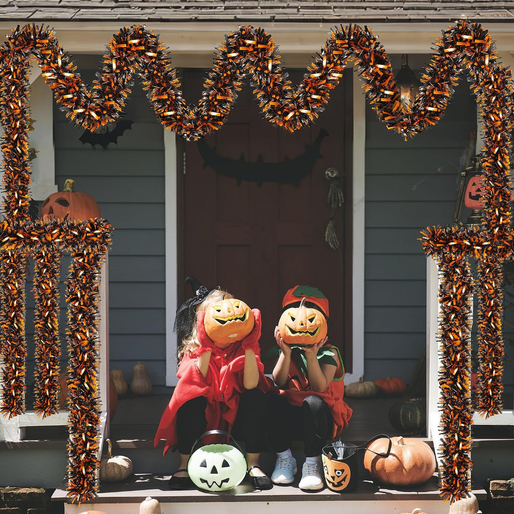 Halloween Decorations, 50FT Halloween Tinsel Garland Shiny Orange Black Metallic Twist Hanging Garland for Indoor Outdoor Home Tree Stairs Party Decorations