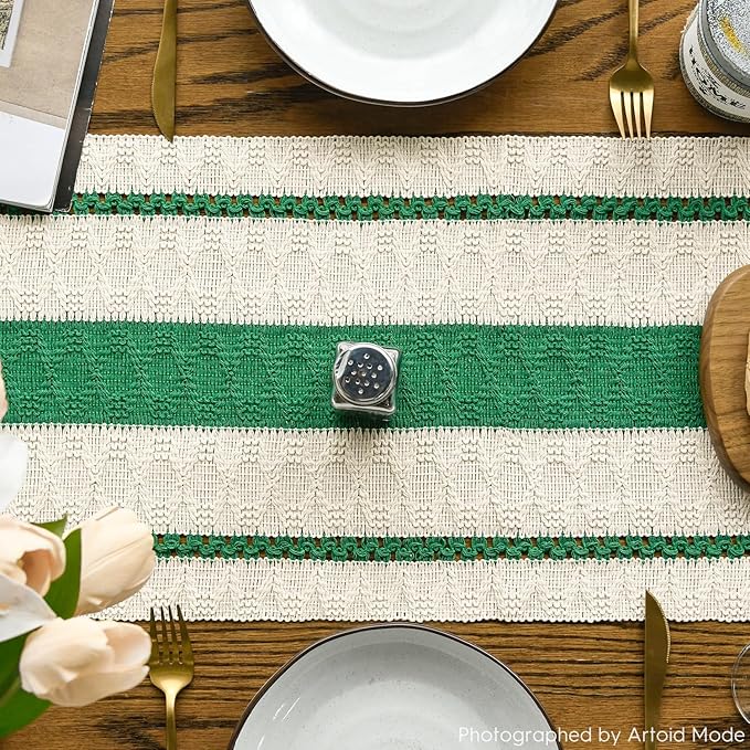 Artoid Mode Dark Green Farmhouse Woven Rustic Table Runner, Seasonal Holiday Hollow Kitchen Dining Table Decoration for Home Party Decor 12x120 Inch