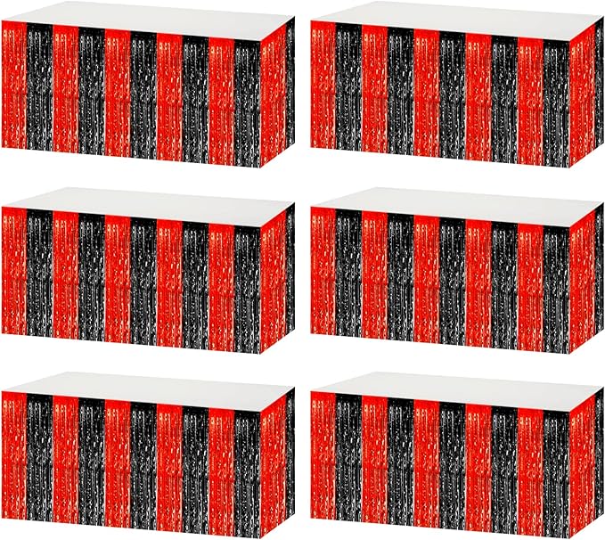 6 Pack 29x108 Inch Black Red Metallic Foil Fringe Tinsel Table Skirts for Rectangle Tables Streamer Curtains Backdrop for Wedding, Casino Viva Las Vegas Game Night Birthday Party Decoration