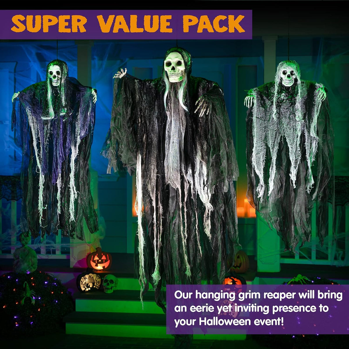 joyin 3 pack hanging halloween skeleton ghosts decorations shown in use