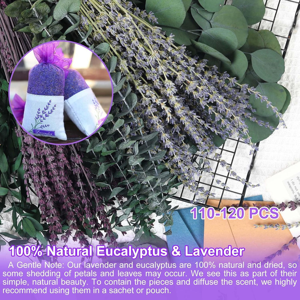 120+ Pcs Mixed Dried Eucalyptus & Lavender Flowers for Shower, Preserved Natural Eucalyptus Leaves for Wall Hanging, Plant Fragrance, Dried Florals for Vase Fillers, Wedding, Green Bathroom Decor