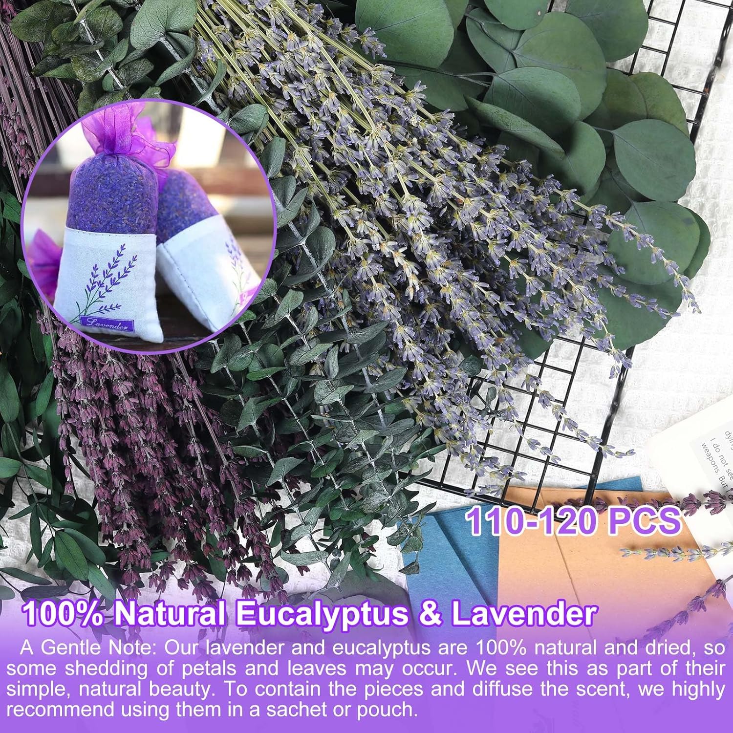 120+ Pcs Mixed Dried Eucalyptus & Lavender Flowers for Shower, Preserved Natural Eucalyptus Leaves for Wall Hanging, Plant Fragrance, Dried Florals for Vase Fillers, Wedding, Green Bathroom Decor