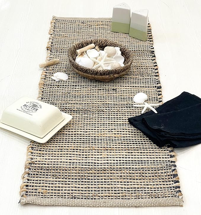Chardin home Natural Jute Table Runner 13x36 Inch – Vintage Boho Rustic Table Decor – Handwoven Table Runner in Natural Jute and Black – Farmhouse Dining or Console Table Accent