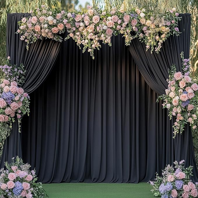 10ftx14FT Wrinkle Free Black Backdrop Curtain, 2 Panels 14FT Height Black Wedding Backdrop Drapes, Silky Polyester Back Drop Cloth for Birthday Photography Background Party Backdrop Draping