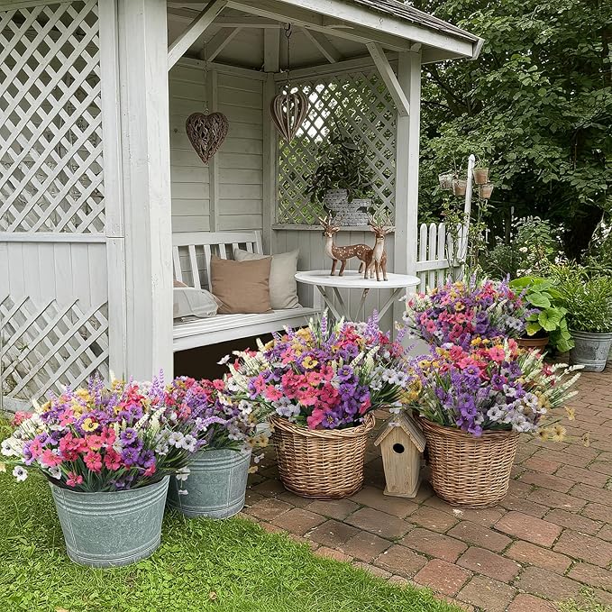 Artificial Flowers for Outdoors 24 Bundles, UV Resistant Colorful Fake Silk Flower Outdoor Planter Garden Decor Indoor Decorations