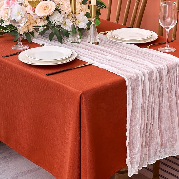Fitable 2 Pack Faux Linen Fall Tablecloths, Wrinkle Proof Fabric Table Cloth Rectangle, Burlap Textured Table Covers for Thanksgiving Holiday Autumn Dinner Party Farmhouse (Rust, 60 x 84 Inch)