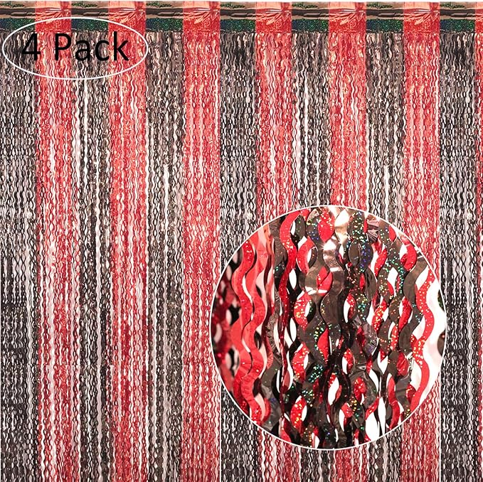 4 Pack 3.3x6.6 ft Red and Black Foil Fringe Backdrop Curtains - Wavy Tinsel Streamers Birthday Birthay Decorations, Fringe Backdrop for Graduation, Xmas, Disco Party