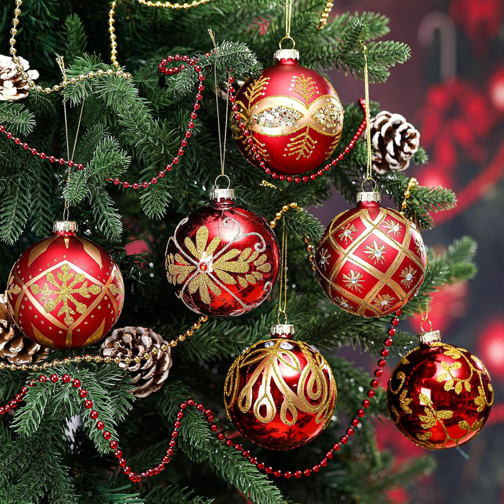 GlikCeil 6 Pcs 3.15 Inch Glass Luxury Christmas Ball Red and Gold Ball Ornaments Glass Christmas Tree Decorations Luxury Hanging Ornaments for Xmas Tree Party Holiday Decor