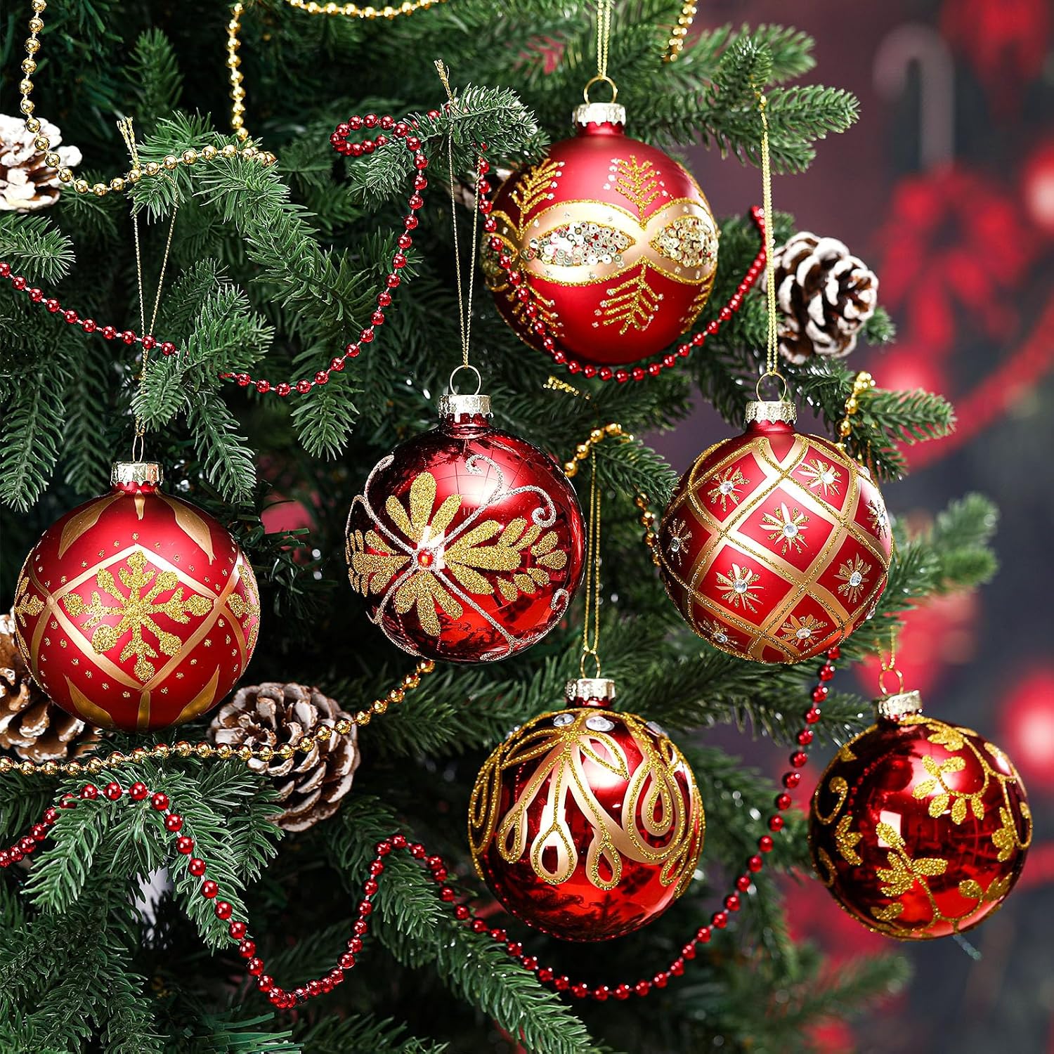 GlikCeil 6 Pcs 3.15 Inch Glass Luxury Christmas Ball Red and Gold Ball Ornaments Glass Christmas Tree Decorations Luxury Hanging Ornaments for Xmas Tree Party Holiday Decor