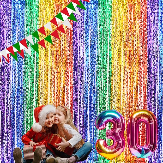 3 Pack Rainbow Foil Curtains - 3.3x6.6ft Metallic Streamers Tinsel Curtains Background for Photo Booth Birthday Weddings Carnivals Graduation
