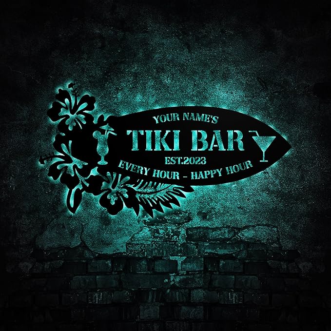 Personalized Tiki Bar Decor LED Tin Metal Sign Wall Art, Backyard Grill Pool Area Decorations, Poolside Tiki Bar Beach House Gifts