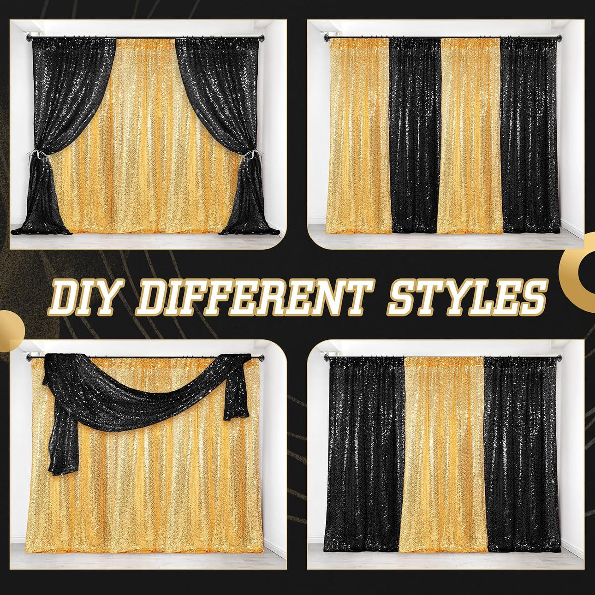 smoothnovelty 137pcs black gold sequin backdrop curtain balloon on a desk or shelf